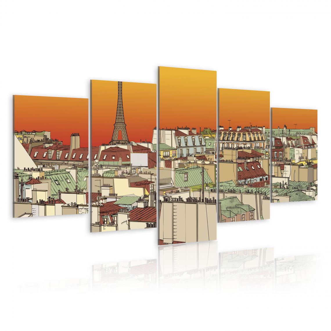 Decoshop26 - Tableau sur toile en 5 panneaux décoration murale image imprimée cadre en bois à suspendre Ciel parisien en couleur de l'orange 100x50 cm 11_0008443 - Tableaux, peintures