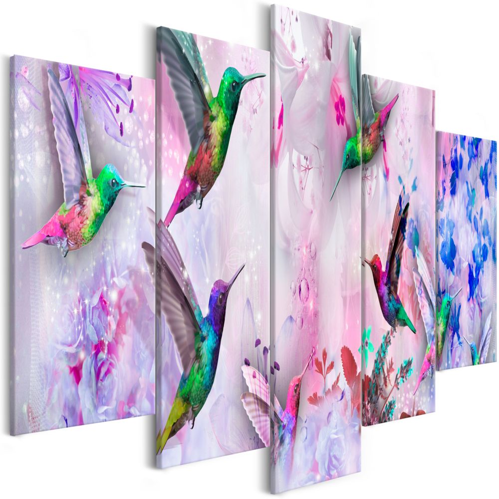 Bimago - Tableau - Colourful Hummingbirds (5 Parts) Wide Violet - Décoration, image, art | Animaux | Oiseaux | - Tableaux, peintures