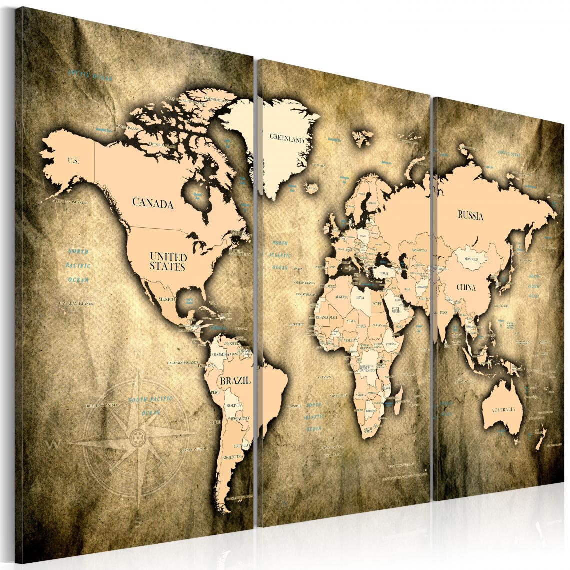 Decoshop26 - Tableau sur toile en 3 panneaux décoration murale image imprimée cadre en bois à suspendre Carte du monde : les sables du temps 120x80 cm 11_0004403 - Tableaux, peintures