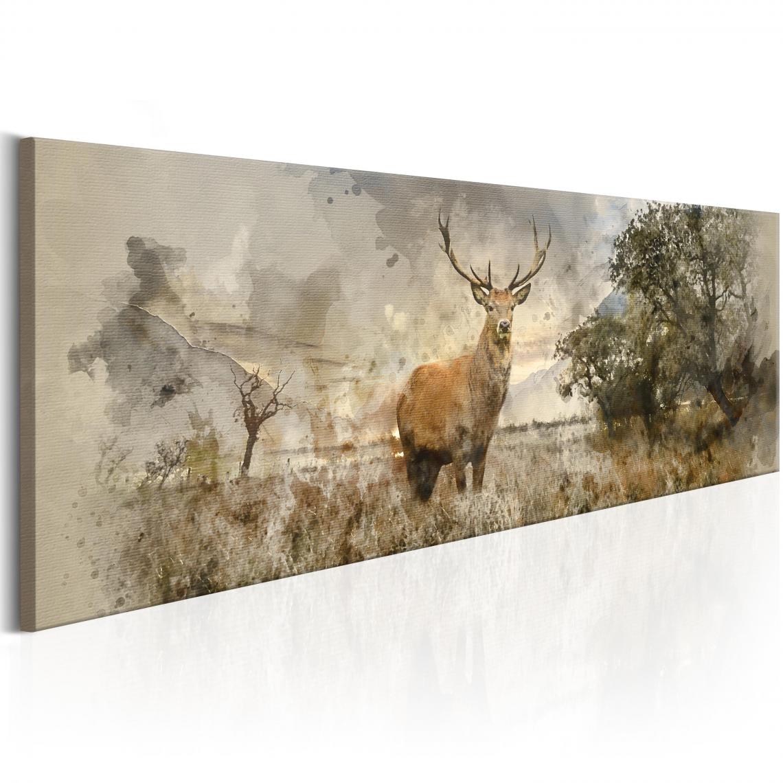Decoshop26 - Tableau sur toile décoration murale image imprimée cadre en bois à suspendre Cerf aquarelle 150x50 cm 11_0002842 - Tableaux, peintures