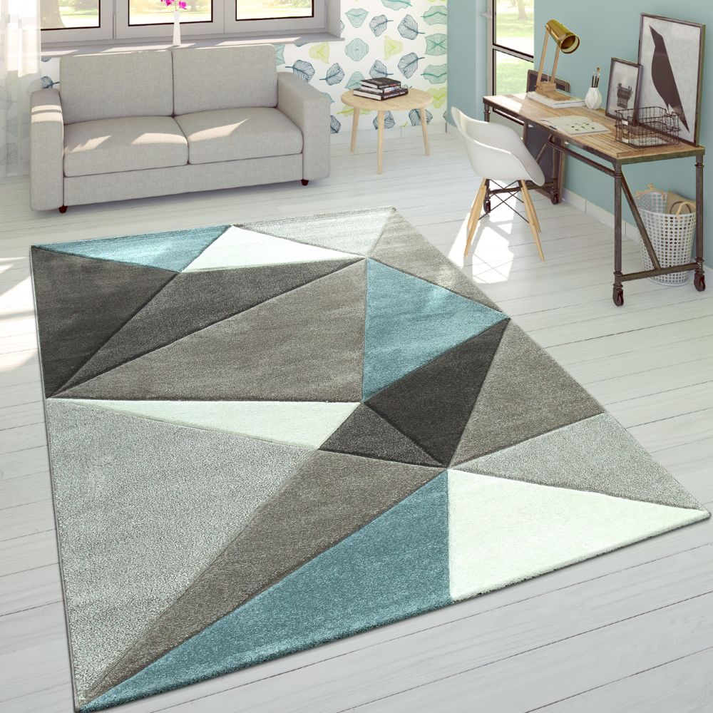 Paco-Home - Tapis 3D Triangles Pastel Tendance Gris Turquoise - Tapis