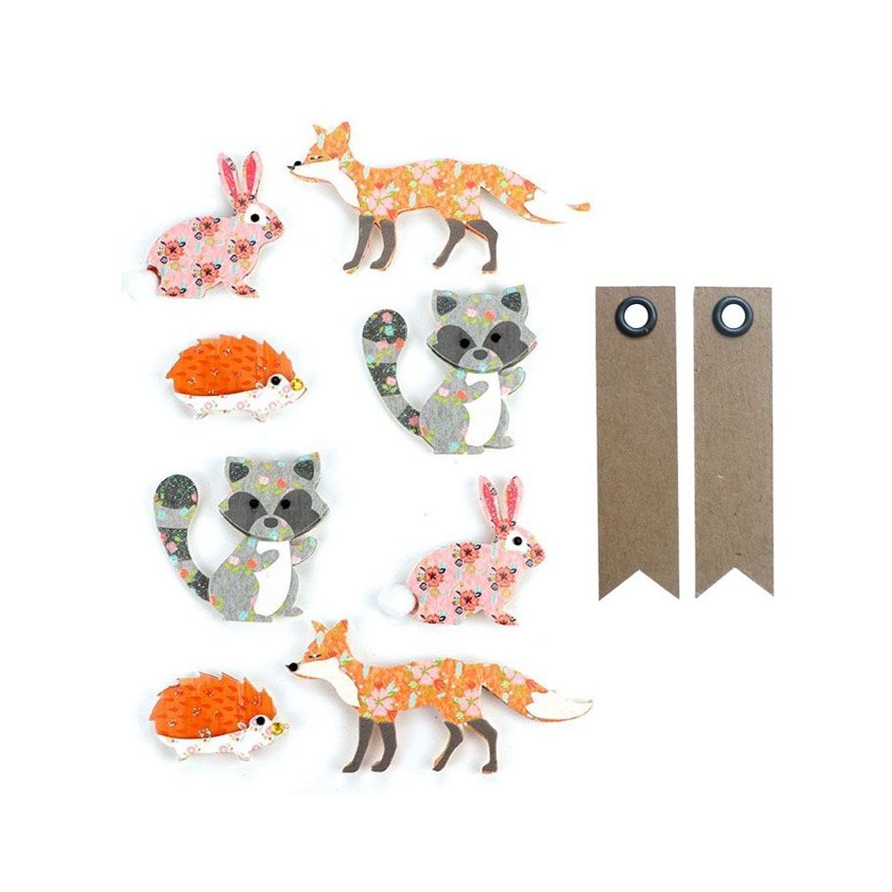 Graines Creatives - 8 stickers 3D Animaux de la forêt + 20 étiquettes kraft Fanion - Décorations de Noël
