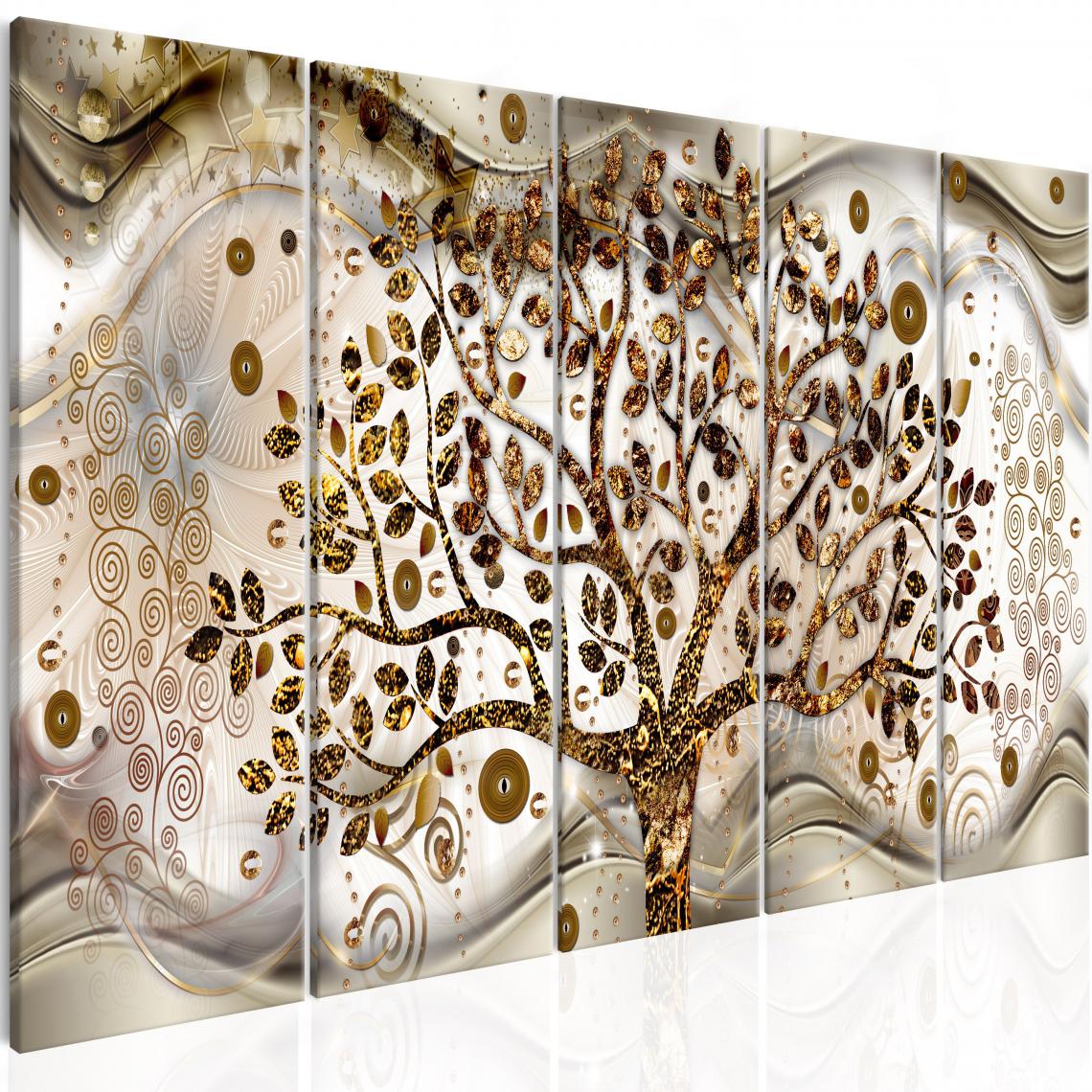 Decoshop26 - Tableau sur toile en 5 panneaux décoration murale image imprimée cadre en bois à suspendre Arbre et Vagues (5 Parties) marron 225x90 cm 11_0001385 - Tableaux, peintures