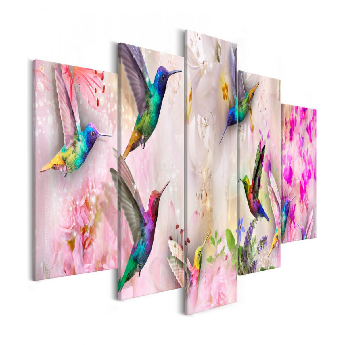 Artgeist - Tableau - Colourful Hummingbirds (5 Parts) Wide Pink 200x100 - Tableaux, peintures