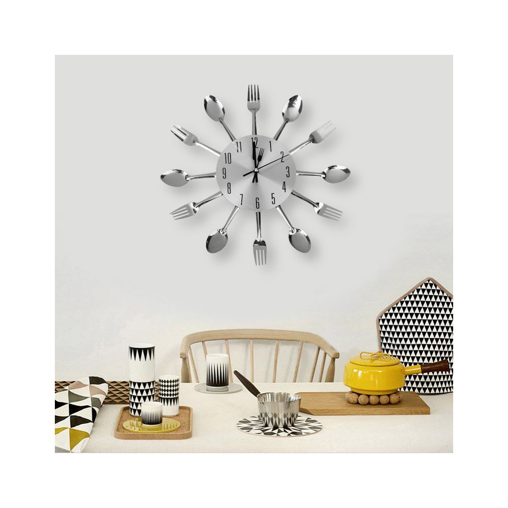 marque generique - Moderne Cuillère Unique En Aluminium Fourche Horloge Coutellerie Mur De La Cuisine Horloge Argent - Horloges, pendules