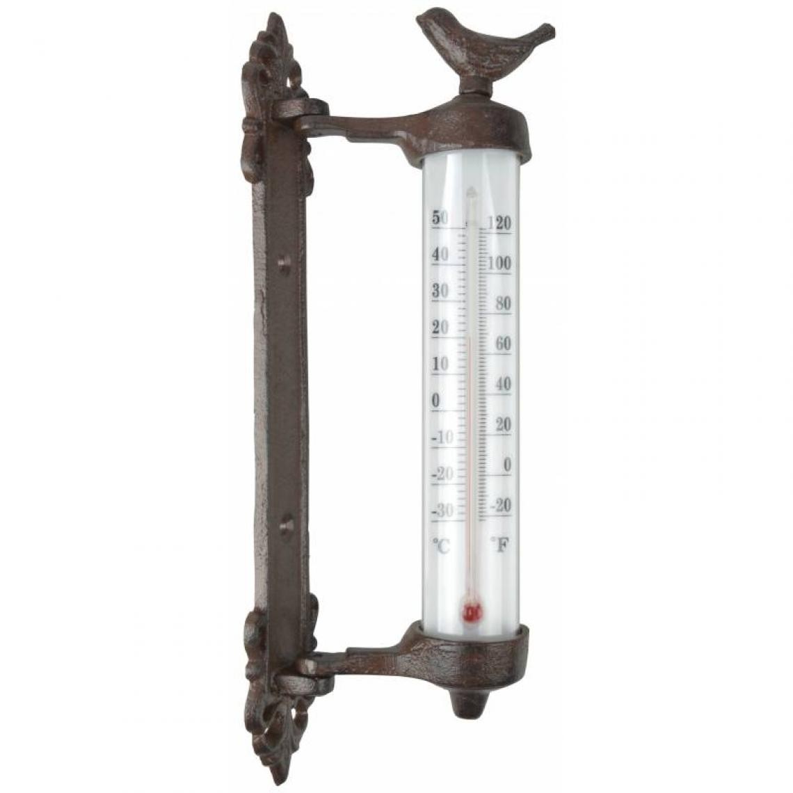 L'Héritier Du Temps - Thermomètre Mural avec Potence Décoratif avec Motif Oiseau en Celsius et Fahrenheit en Fonte Patinée Marron 5,5x9,5x27,5cm - Objets déco