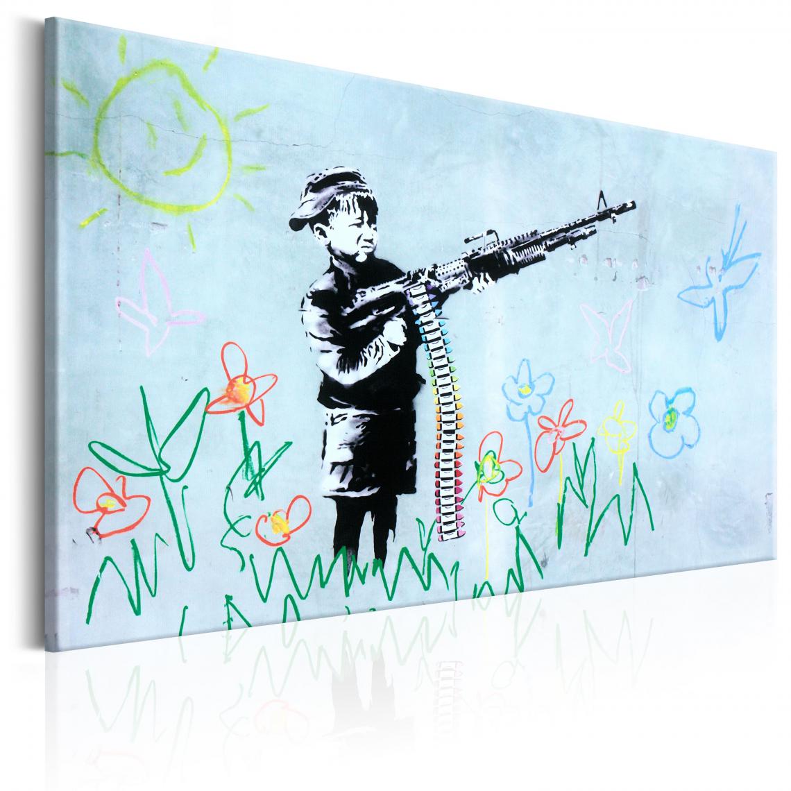 Decoshop26 - Tableau sur toile décoration murale image imprimée cadre en bois à suspendre Garçon avec pistolet par Banksy 120x80 cm 11_0003433 - Tableaux, peintures