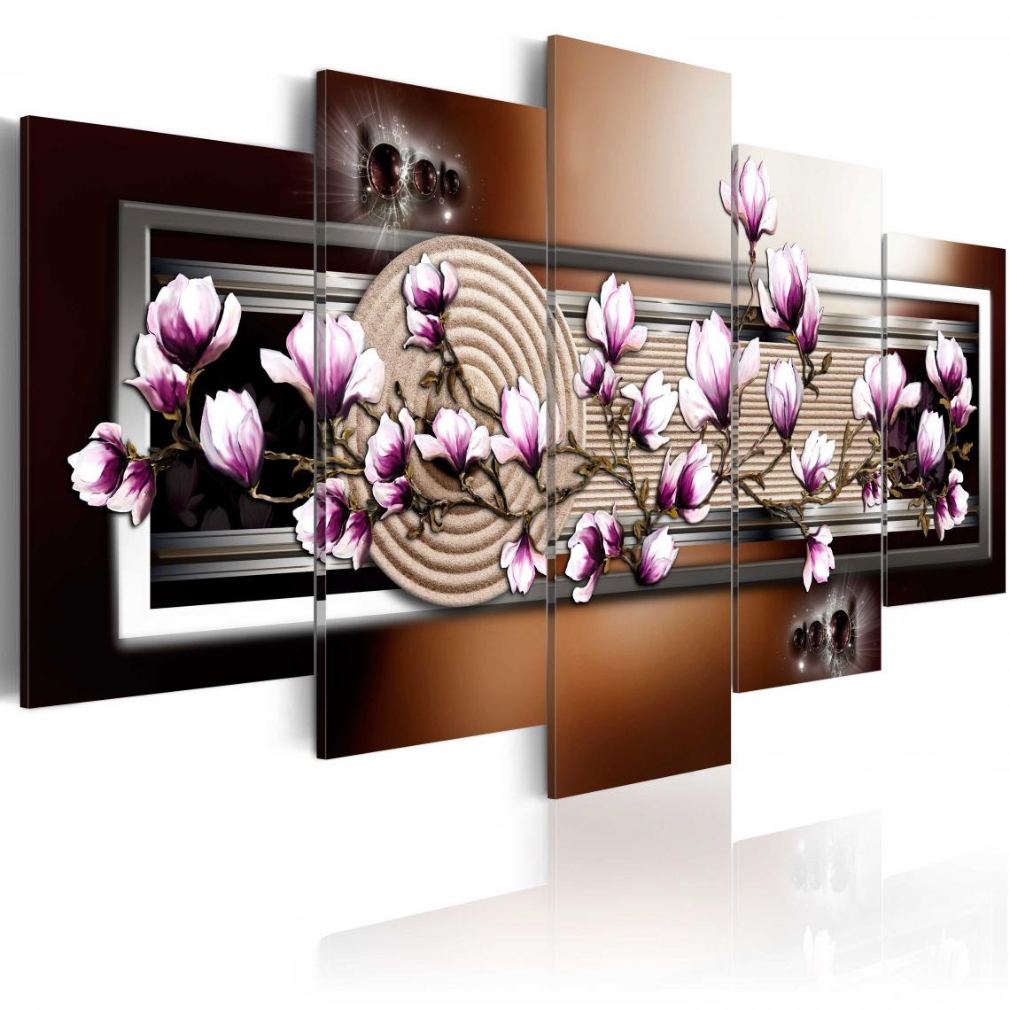 Decoshop26 - Tableau sur toile en 5 panneaux décoration murale image imprimée cadre en bois à suspendre Jardin zen et magnolia 200x100 cm 11_0005431 - Tableaux, peintures