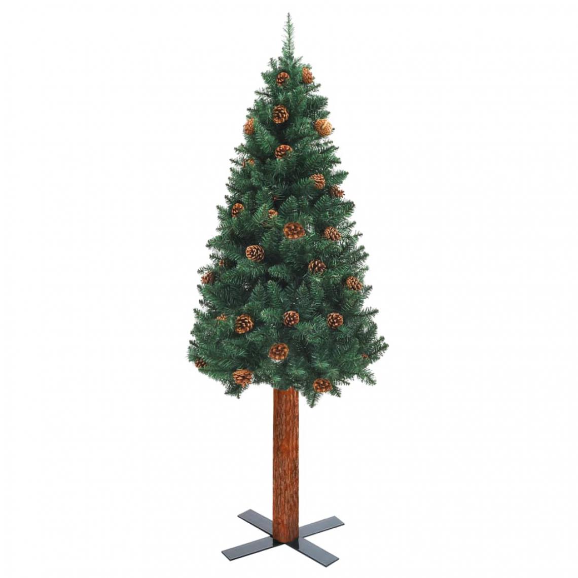 Icaverne - Icaverne - Décorations de Noël reference Sapin de Noël mince avec bois véritable et cônes Vert 210cm PVC - Décorations de Noël