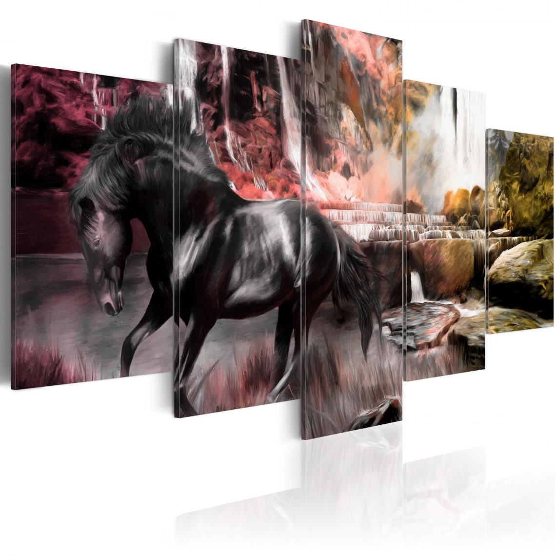 Decoshop26 - Tableau sur toile en 5 panneaux décoration murale image imprimée cadre en bois à suspendre Cheval noir sur fond de ciel cramoisi 200x100 cm 11_0002995 - Tableaux, peintures