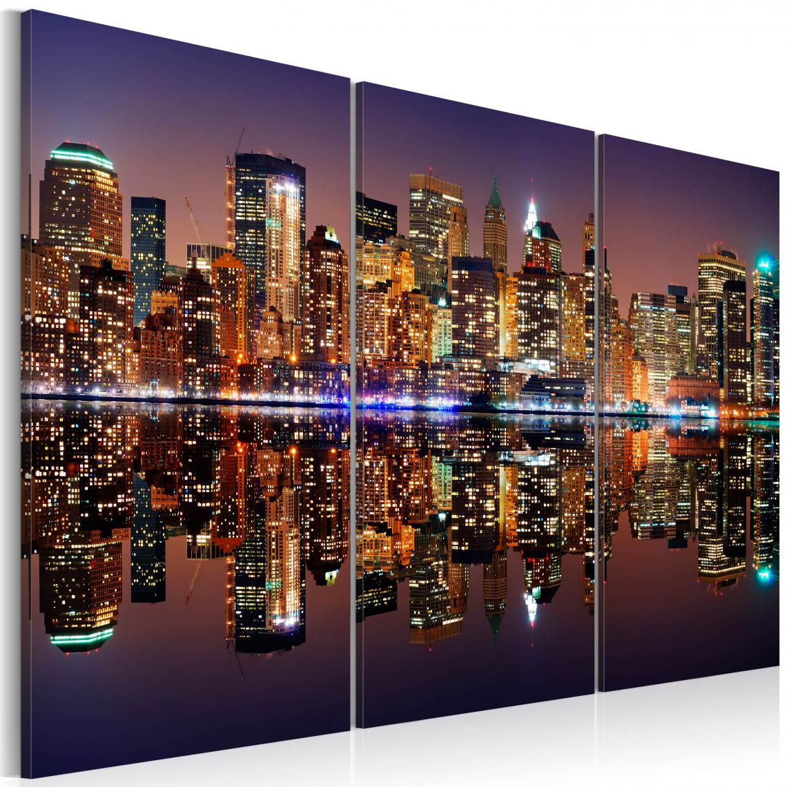 Decoshop26 - Tableau sur toile en 3 panneaux décoration murale image imprimée cadre en bois à suspendre New York avec une réflexion sur l'eau 90x60 cm 11_0007890 - Tableaux, peintures