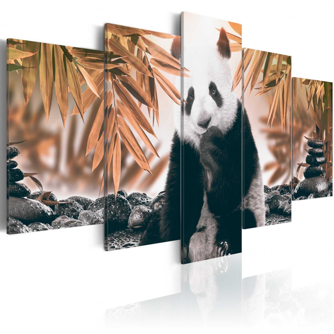 Decoshop26 - Tableau sur toile en 5 panneaux décoration murale image imprimée cadre en bois à suspendre Panda pensif 200x100 cm 11_0002685 - Tableaux, peintures