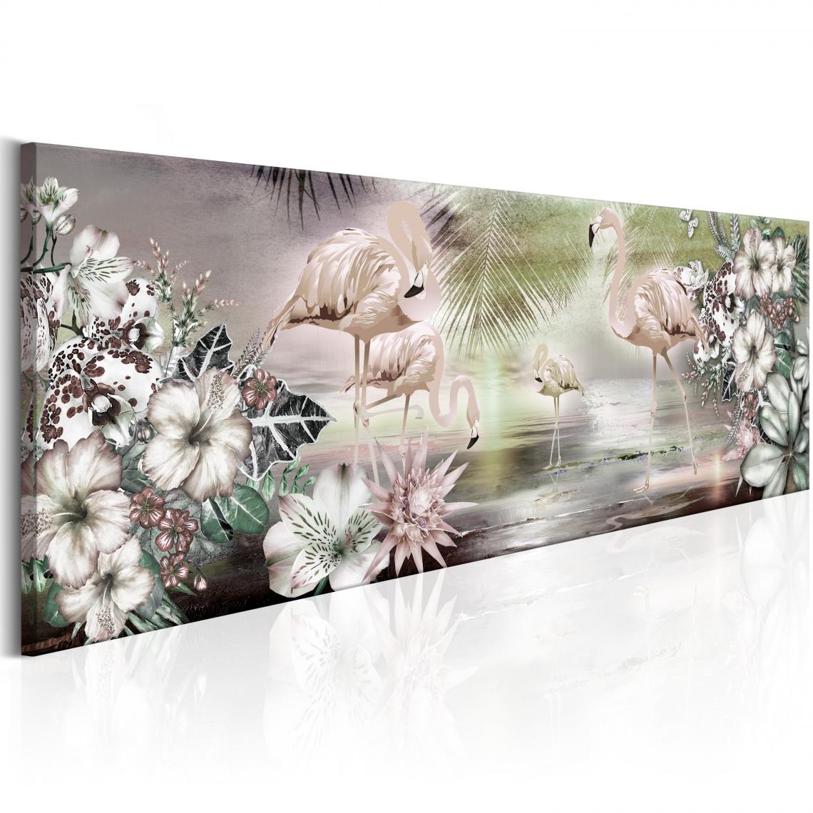Decoshop26 - Tableau sur toile décoration murale image imprimée cadre en bois à suspendre Flamants roses et fleurs 120x40 cm 11_0003116 - Tableaux, peintures