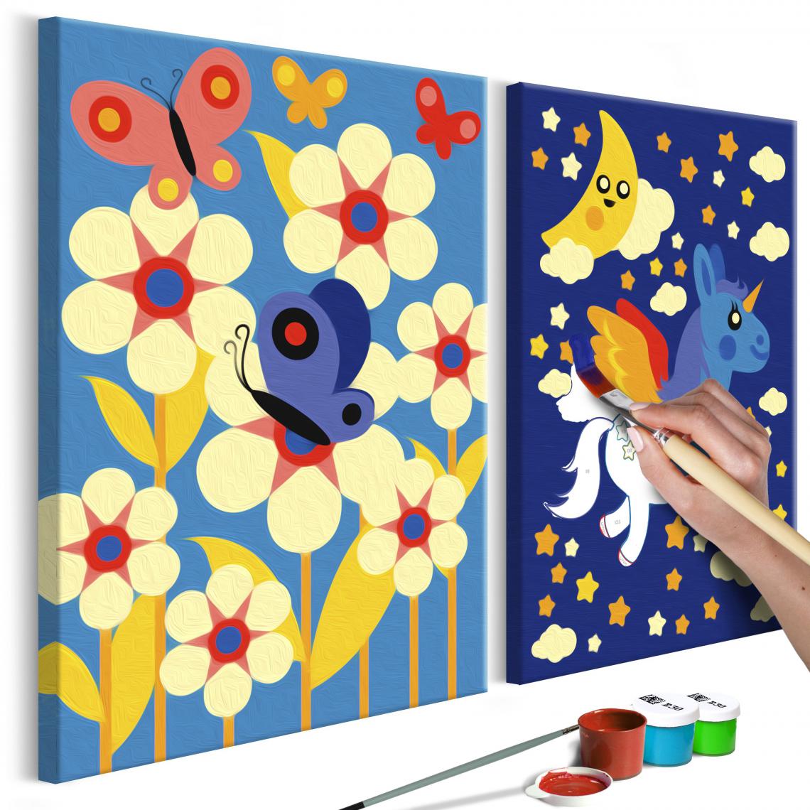 Decoshop26 - Tableau à peindre soi-même pour enfant en 2 parties motif Papillon et licorne 33x23 cm TPN110183 - Tableaux, peintures