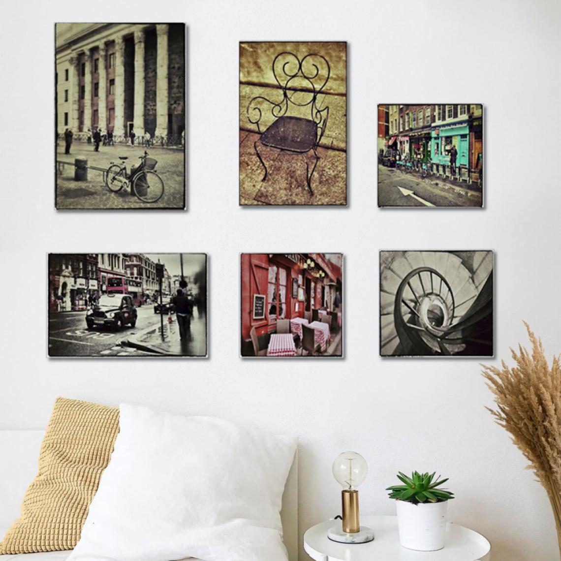 Tema - Ensemble de 6 tableaux et toiles au paysage urbain avec cadre bois vintage Postcard - Tableaux, peintures