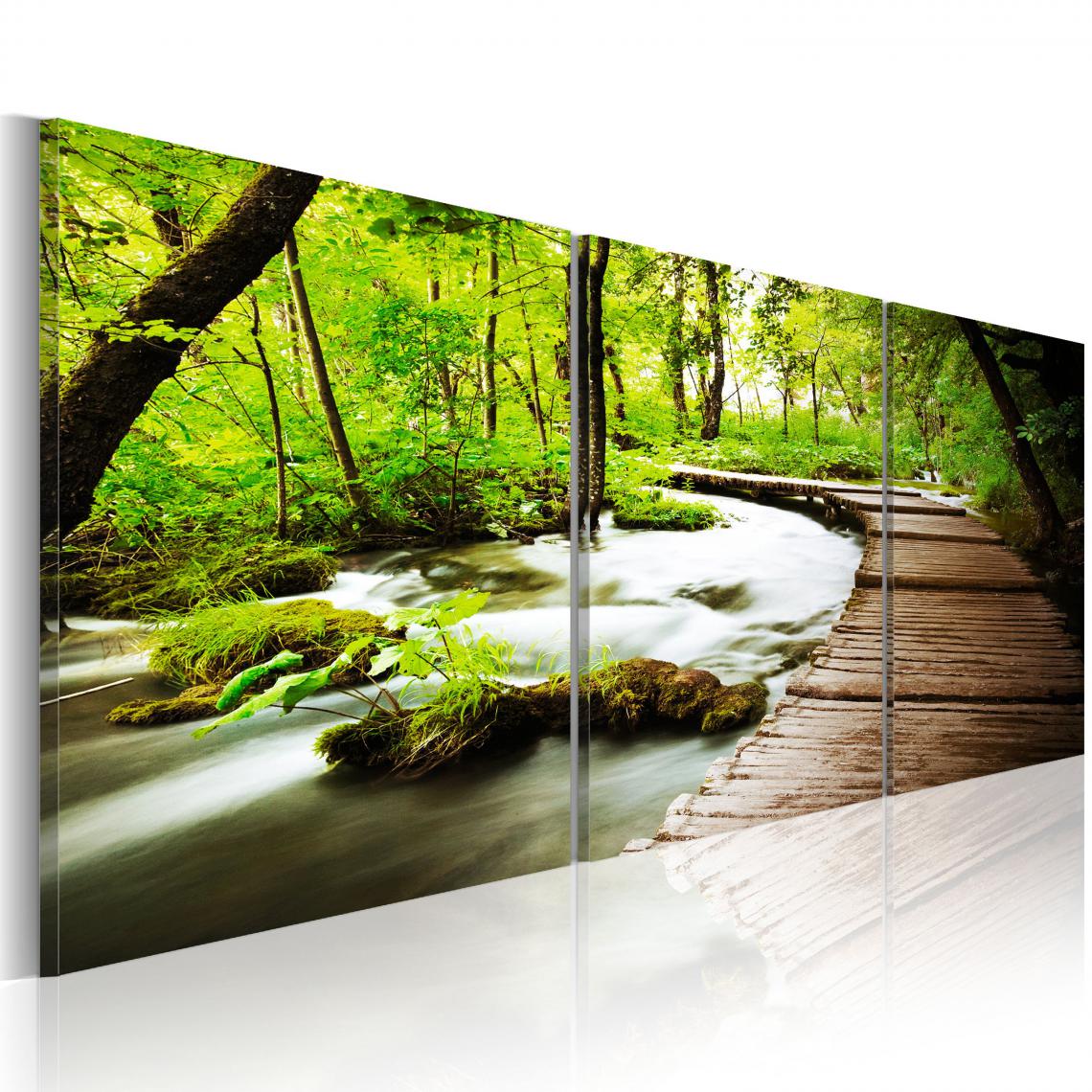 Decoshop26 - Tableau sur toile en 3 panneaux décoration murale image imprimée cadre en bois à suspendre Ruisseau forestier 150x50 cm 11_0006174 - Tableaux, peintures