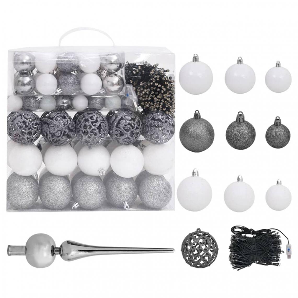 Wottes - Set de boules de Noël avec pic et 300 LED 120 pcs Blanc et gris - Décorations de Noël