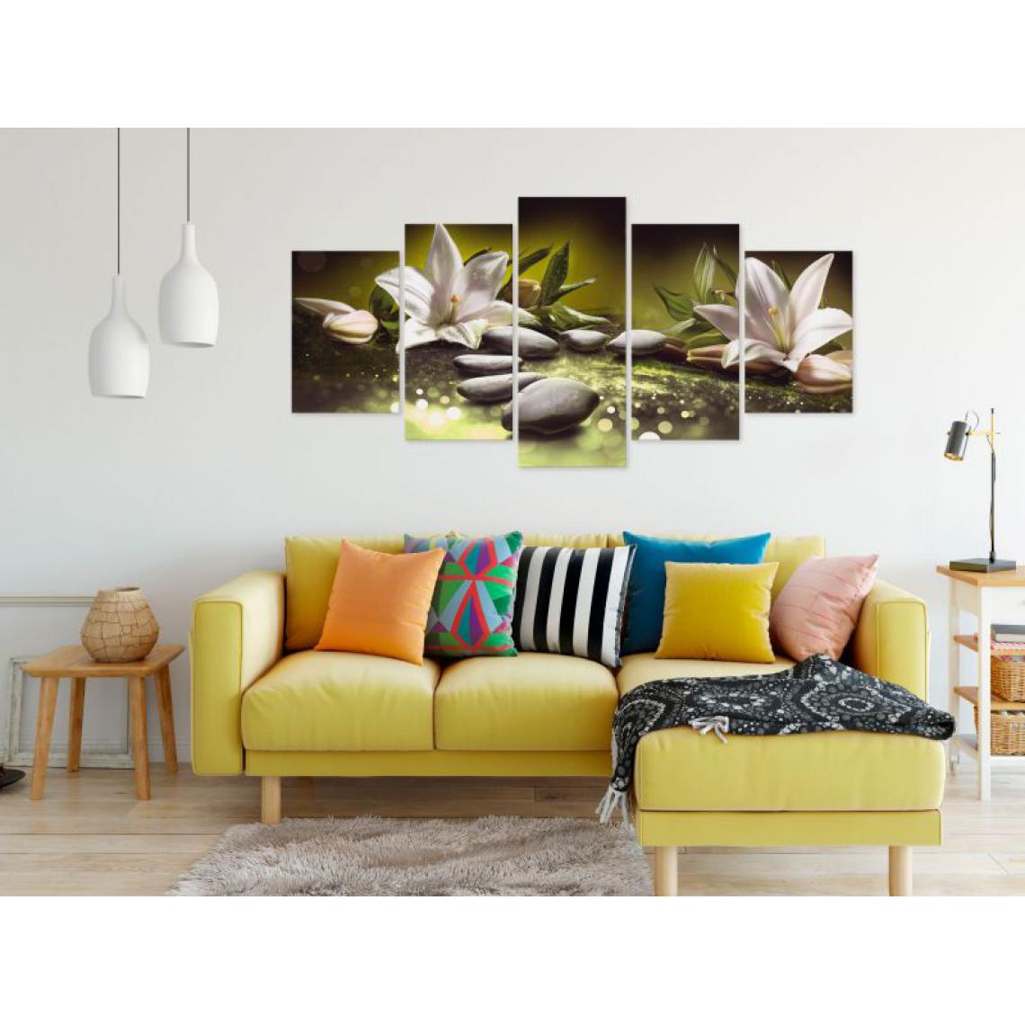 Artgeist - Tableau - Lilies and Stones (5 Parts) Wide Green .Taille : 200x100 - Tableaux, peintures