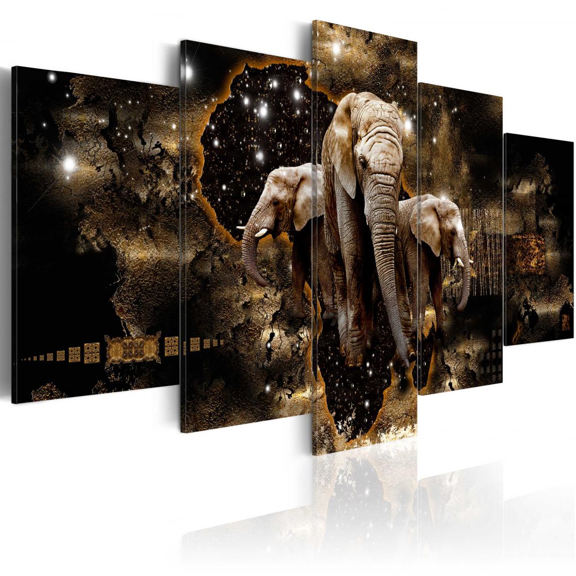 Decoshop26 - Tableau sur toile en 5 panneaux décoration murale image imprimée cadre en bois à suspendre Éléphants bruns 100x50 cm 11_0007701 - Tableaux, peintures