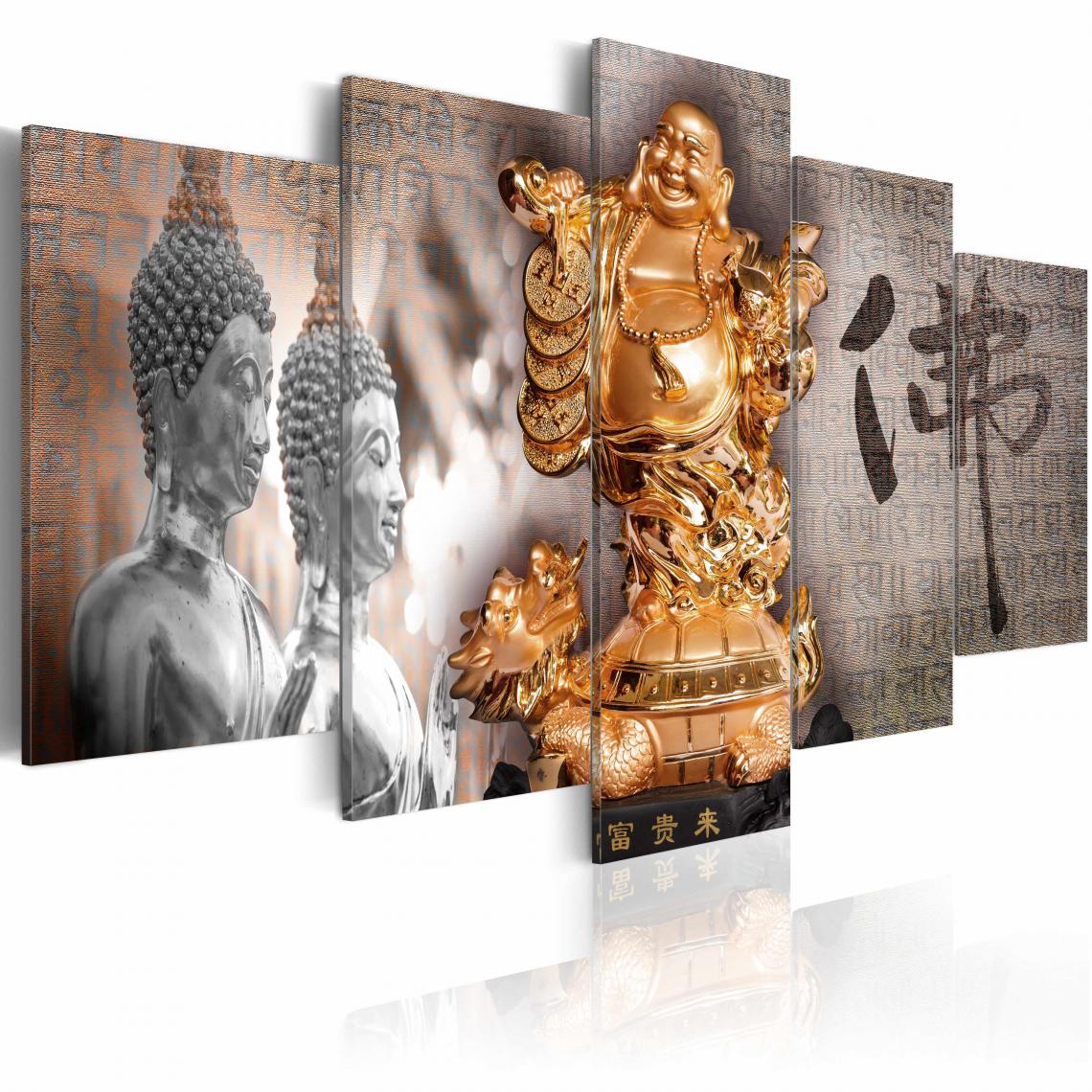Decoshop26 - Tableau sur toile en 5 panneaux décoration murale image imprimée cadre en bois à suspendre Sourire à Bouddha! 200x100 cm 11_0008951 - Tableaux, peintures