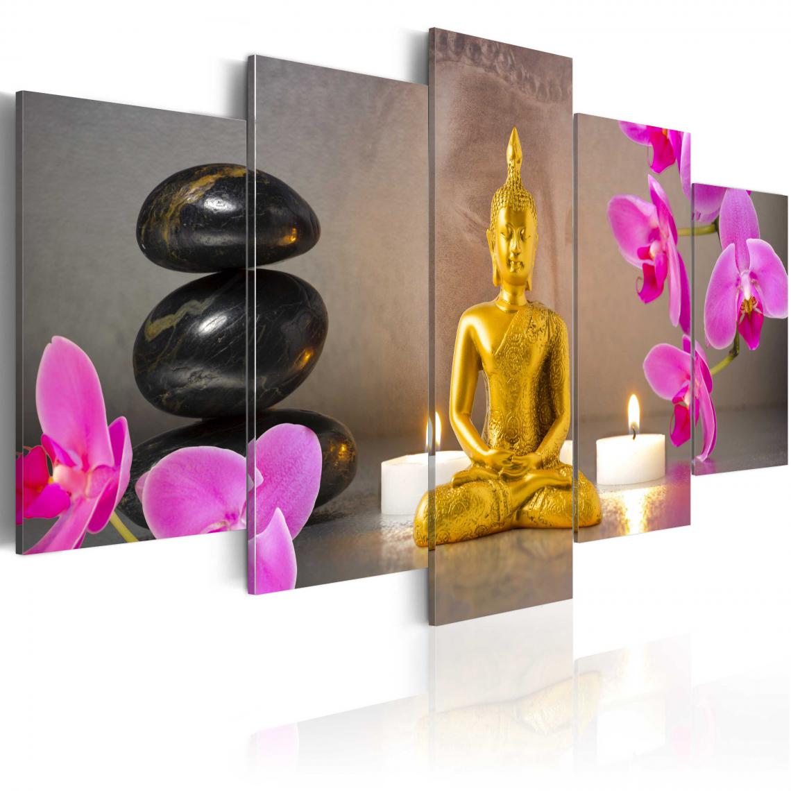 Decoshop26 - Tableau sur toile en 5 panneaux décoration murale image imprimée cadre en bois à suspendre Bouddha d'or et orchidées 200x100 cm 11_0009827 - Tableaux, peintures
