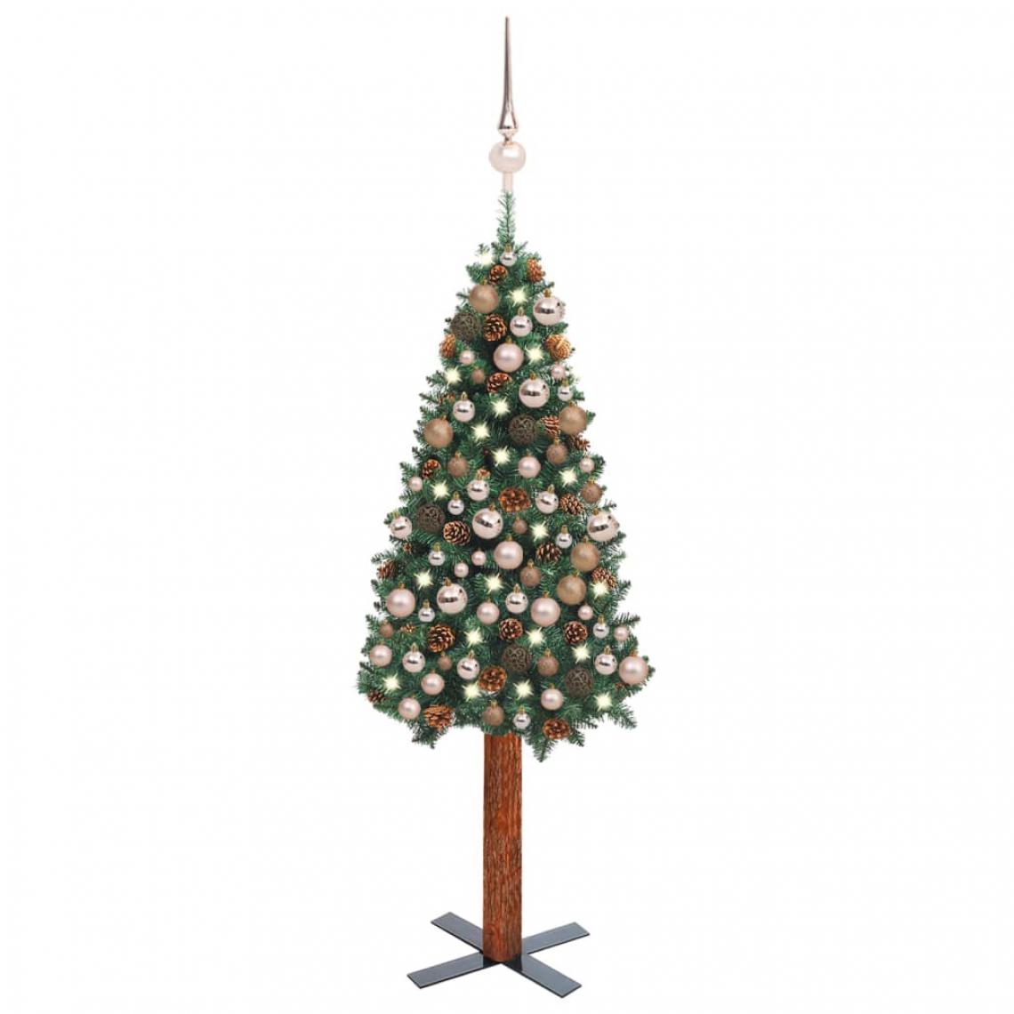 Wottes - Arbre de Noël mince avec LED et boules Vert 180 cm PVC - Sapin de Noël