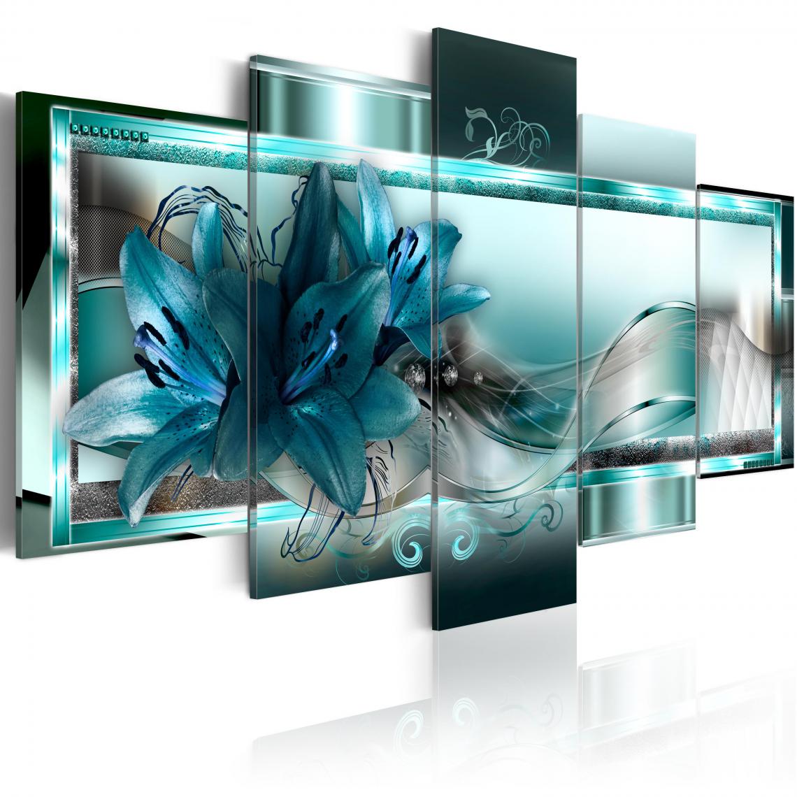 Decoshop26 - Tableau sur toile en 5 panneaux décoration murale image imprimée cadre en bois à suspendre Lys bleu ciel 100x50 cm 11_0000885 - Tableaux, peintures