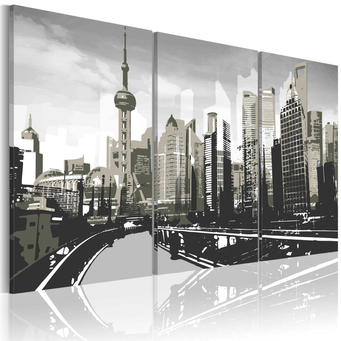 Decoshop26 - Tableau sur toile en 3 panneaux décoration murale image imprimée cadre en bois à suspendre Shanghai gris 60x40 cm 11_0008349 - Tableaux, peintures
