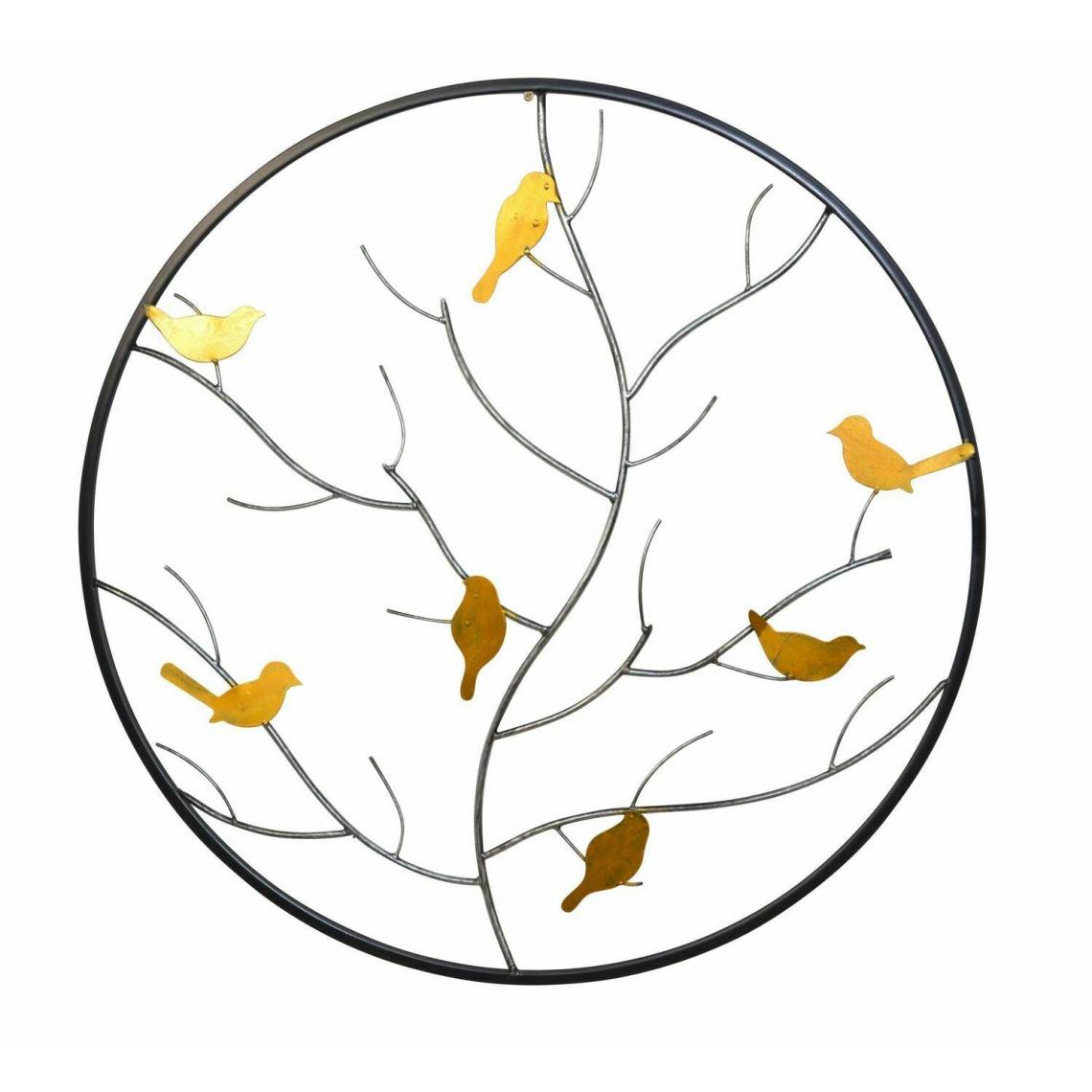 Decoshop26 - Décoration murale ronde en métal avec un cadre laqué noir design oiseaux dorés sur branches DEC05107 - Objets déco