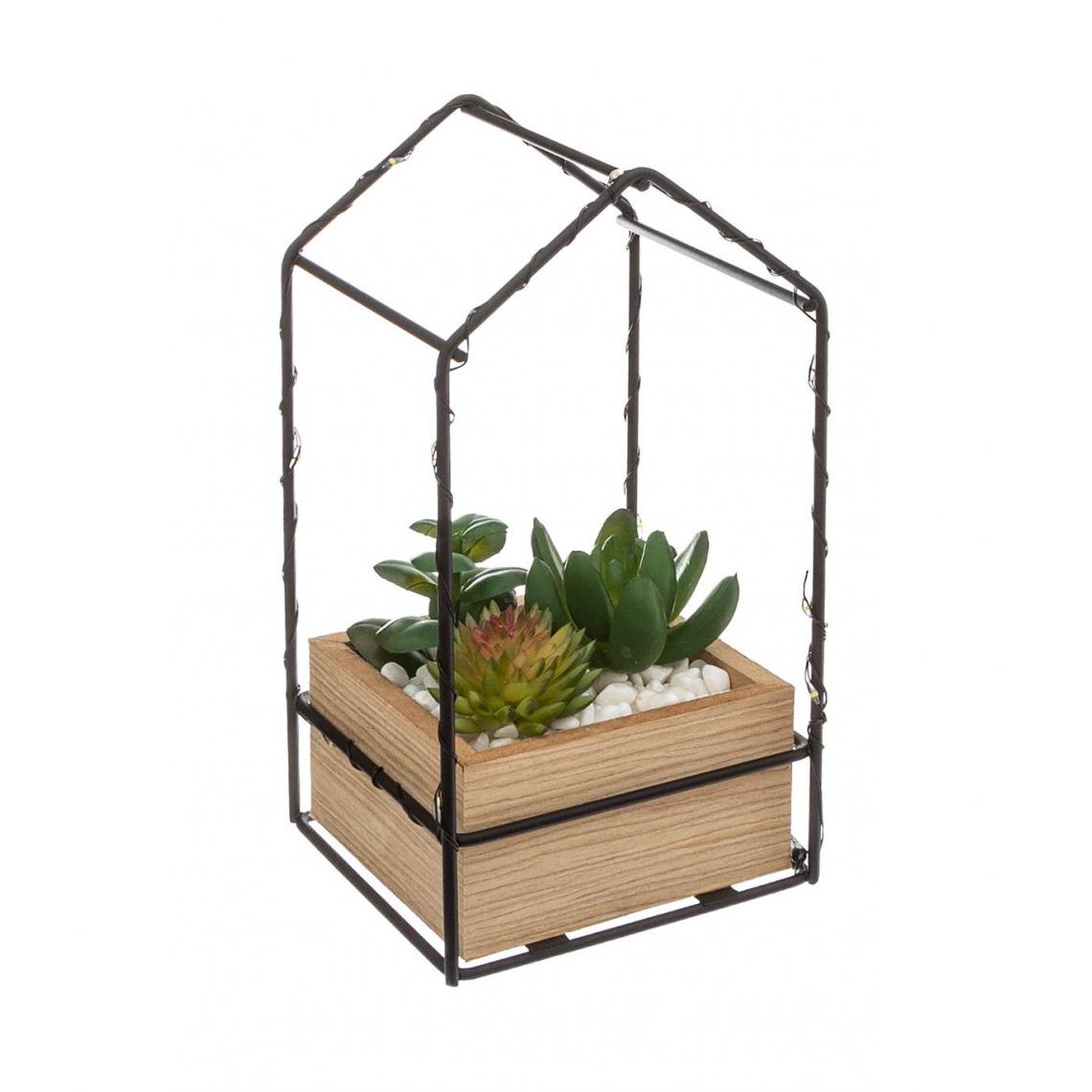 Atmosphera, Createur D'Interieur - Atmosphera - Plante artificielle Pot en bois et Support forme Maison avec guirlande LED H 19 cm - Plantes et fleurs artificielles