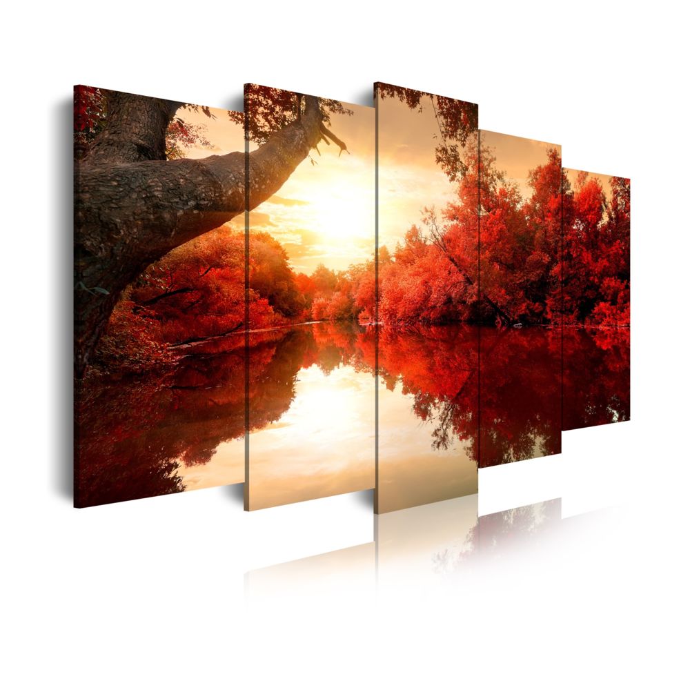 Dekoarte - Dekoarte 192 - Tableau moderne sur toile monté sur cadre en bois 5 pièces, nature lac avec coucher de soleil et arbres rouges, 150x80cm - Tableaux, peintures