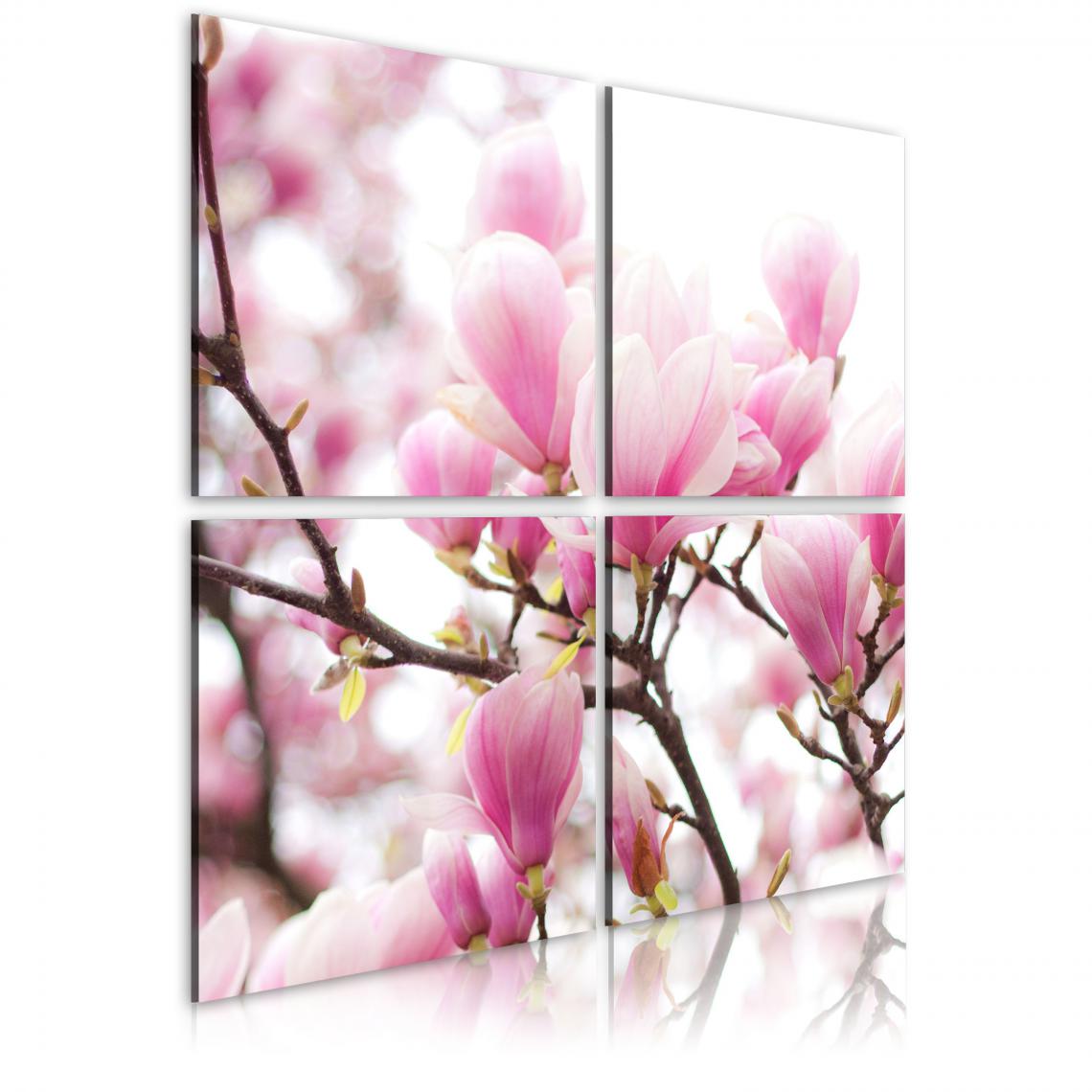 Decoshop26 - Tableau sur toile en 4 panneaux décoration murale image imprimée cadre en bois à suspendre Magnolia fleurissante 60x60 cm 11_0005419 - Tableaux, peintures