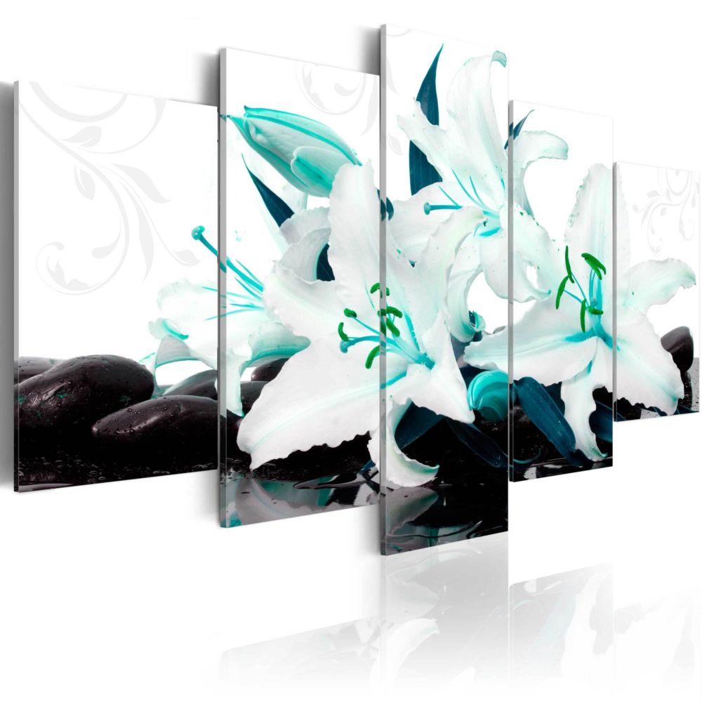 Artgeist - Tableau - Turquoise lilies and stones 200x100 - Tableaux, peintures