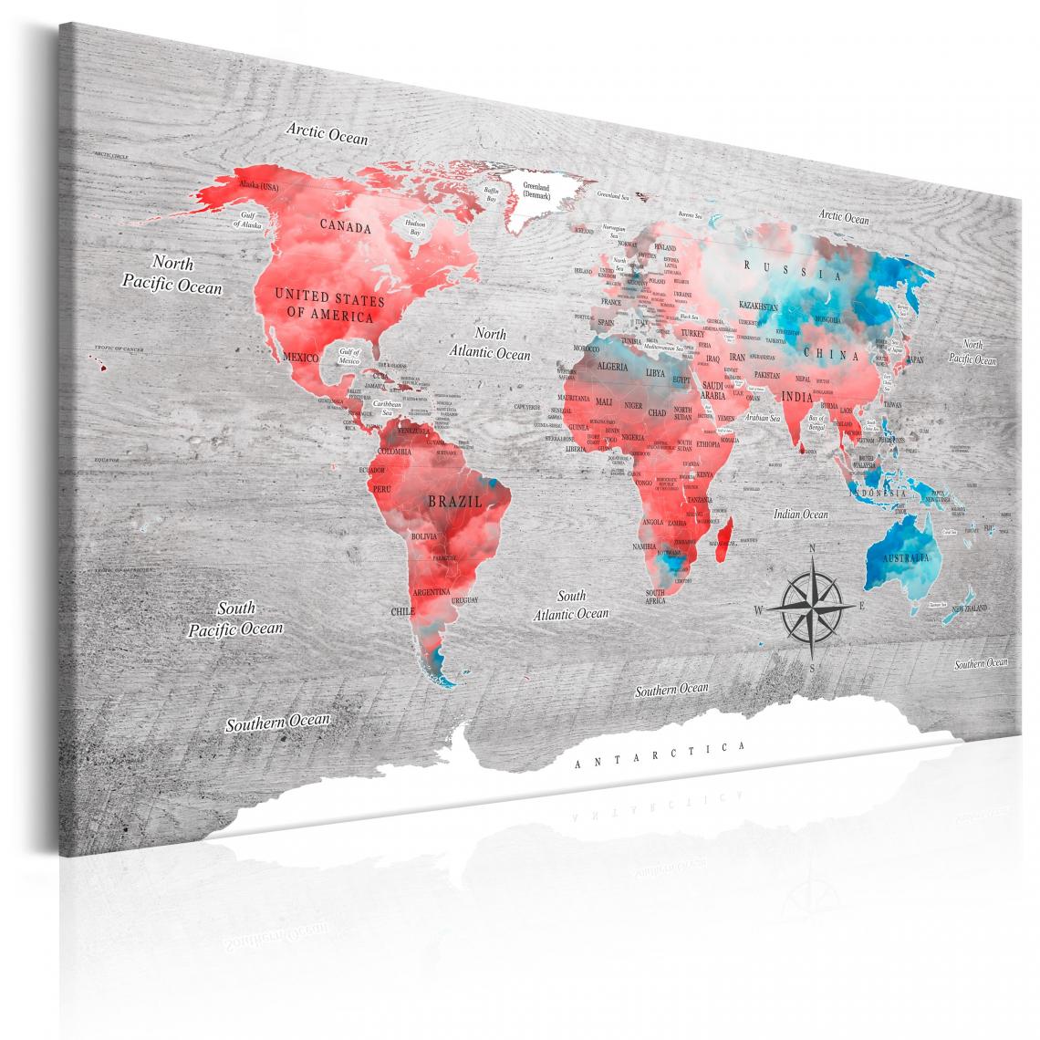 Decoshop26 - Tableau sur toile décoration murale image imprimée cadre en bois à suspendre Carte du monde : Itinérance rouge 90x60 cm 11_0004376 - Tableaux, peintures