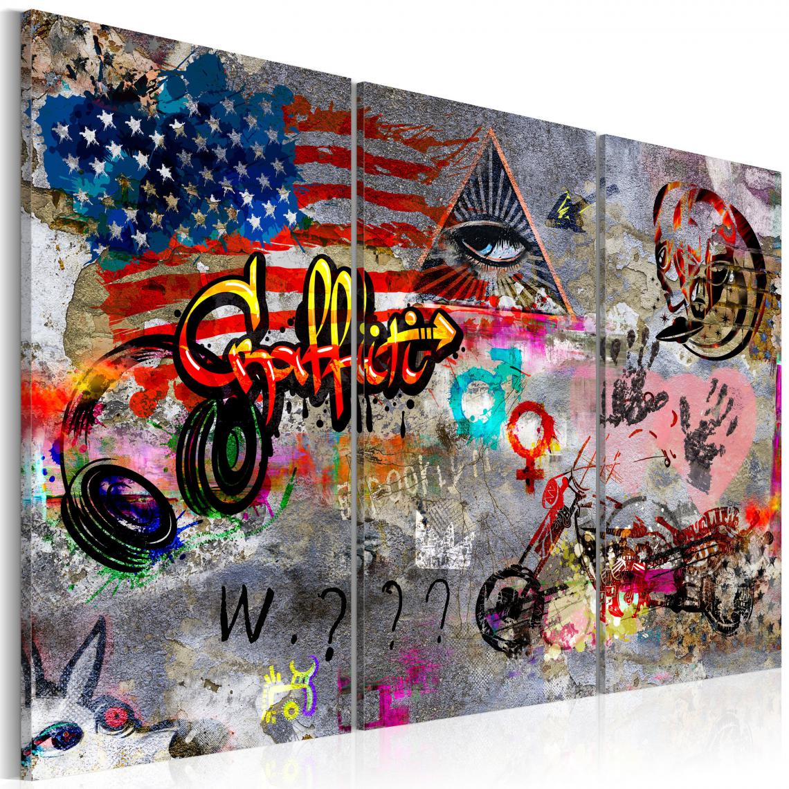 Decoshop26 - Tableau sur toile en 3 panneaux décoration murale image imprimée cadre en bois à suspendre Graffiti américain 90x60 cm 11_0003452 - Tableaux, peintures