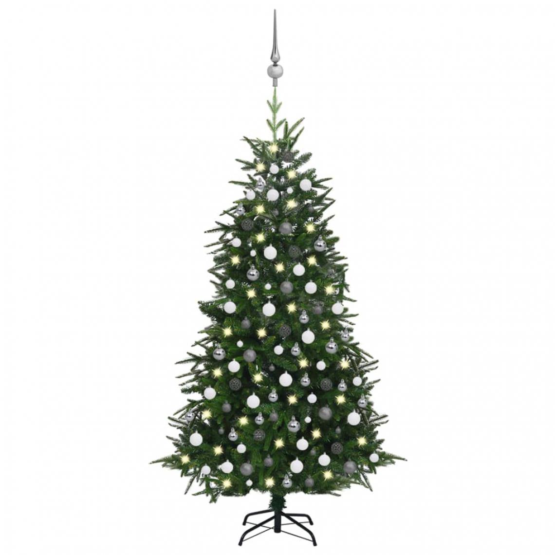 Wottes - Arbre de Noël artificiel avec LED et boules -Vert 210 cm- PVC PE - Sapin de Noël