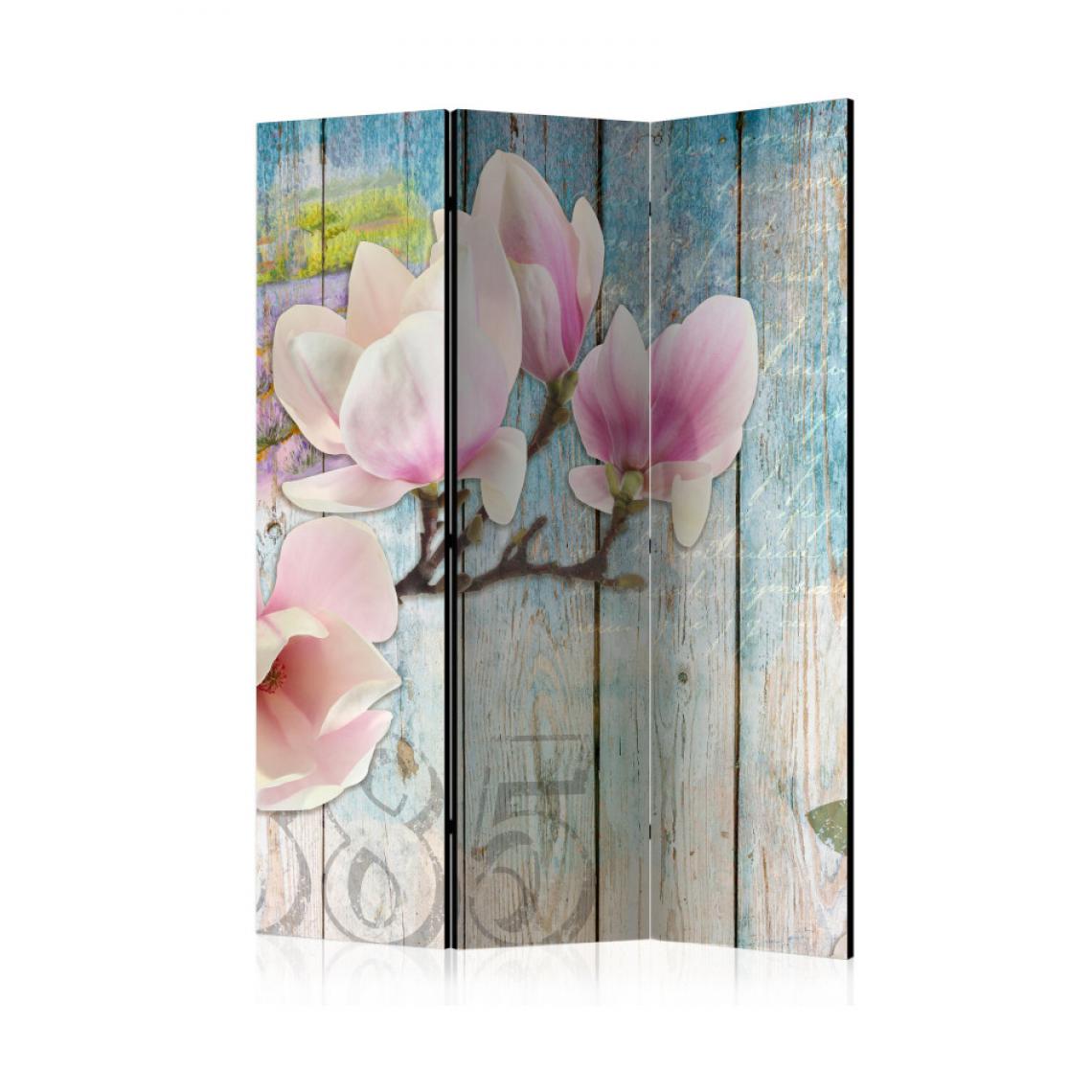 Artgeist - Paravent 3 volets - Pink Flowers on Wood [Room Dividers] 135x172 - Paravents