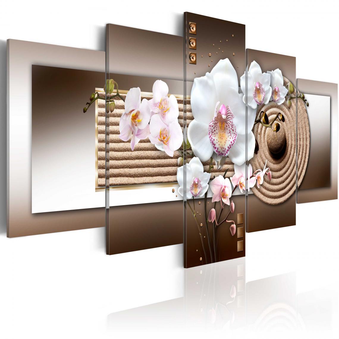Decoshop26 - Tableau sur toile en 5 panneaux décoration murale image imprimée cadre en bois à suspendre Orchidée et jardin zen 200x100 cm 11_0005551 - Tableaux, peintures
