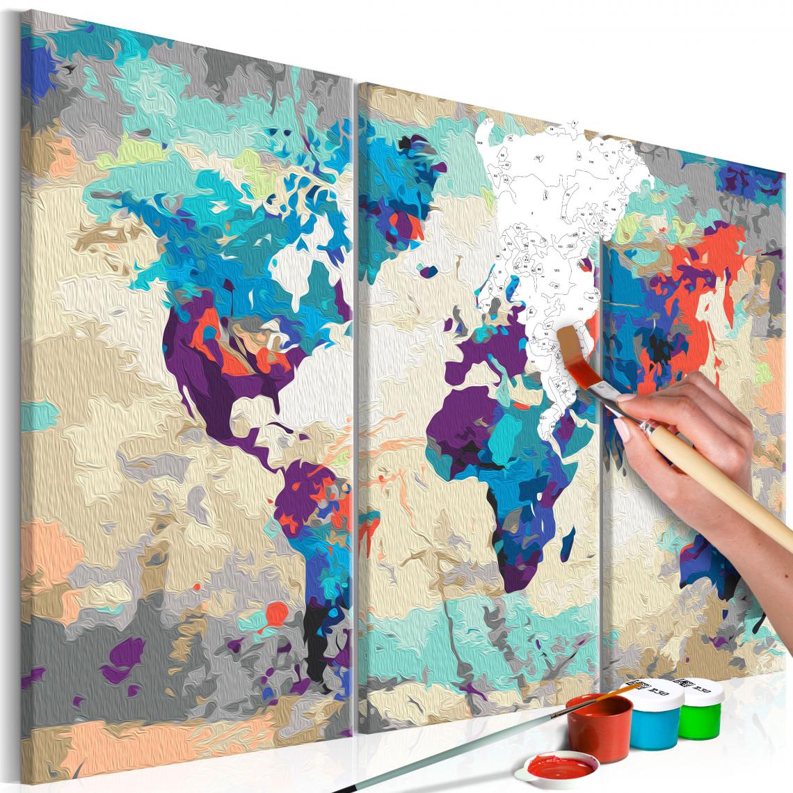 Decoshop26 - Tableau à peindre soi-même peinture par numéros motif Carte du monde (bleu et rouge) 3 parties 60x40 cm TPN110166 - Tableaux, peintures