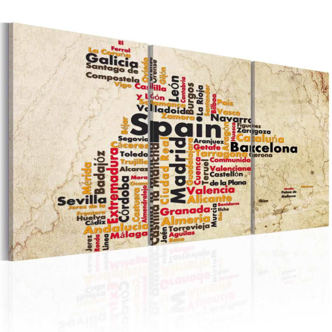 Decoshop26 - Tableau sur toile en 3 panneaux décoration murale image imprimée cadre en bois à suspendre Espagne carte en couleurs nationales 60x30 cm 11_0003893 - Tableaux, peintures