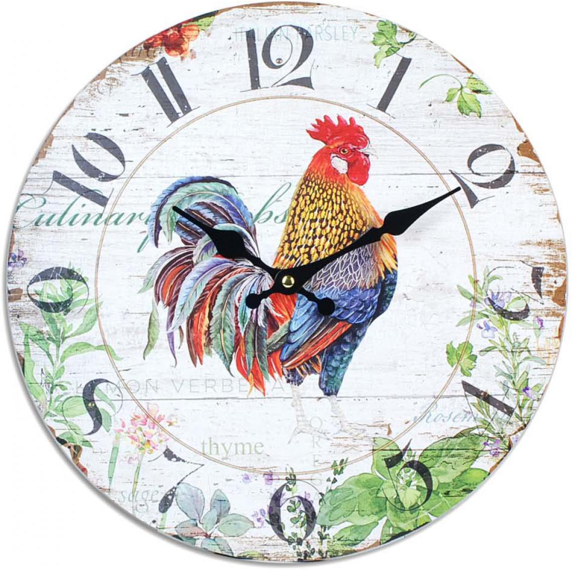 Origen Ae - Horloge ronde en bois imprimé Coq 34 cm Coq coloré - Horloges, pendules