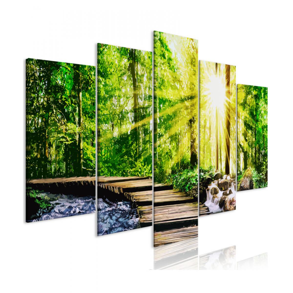 Artgeist - Tableau - Forest Footbridge (5 Parts) Wide 200x100 - Tableaux, peintures
