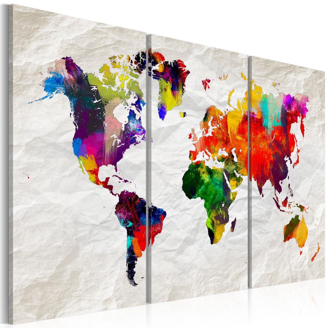 Decoshop26 - Tableau sur toile en 3 panneaux décoration murale image imprimée cadre en bois à suspendre Carte du monde : Rainbow Madness II 120x80 cm 11_0004525 - Tableaux, peintures