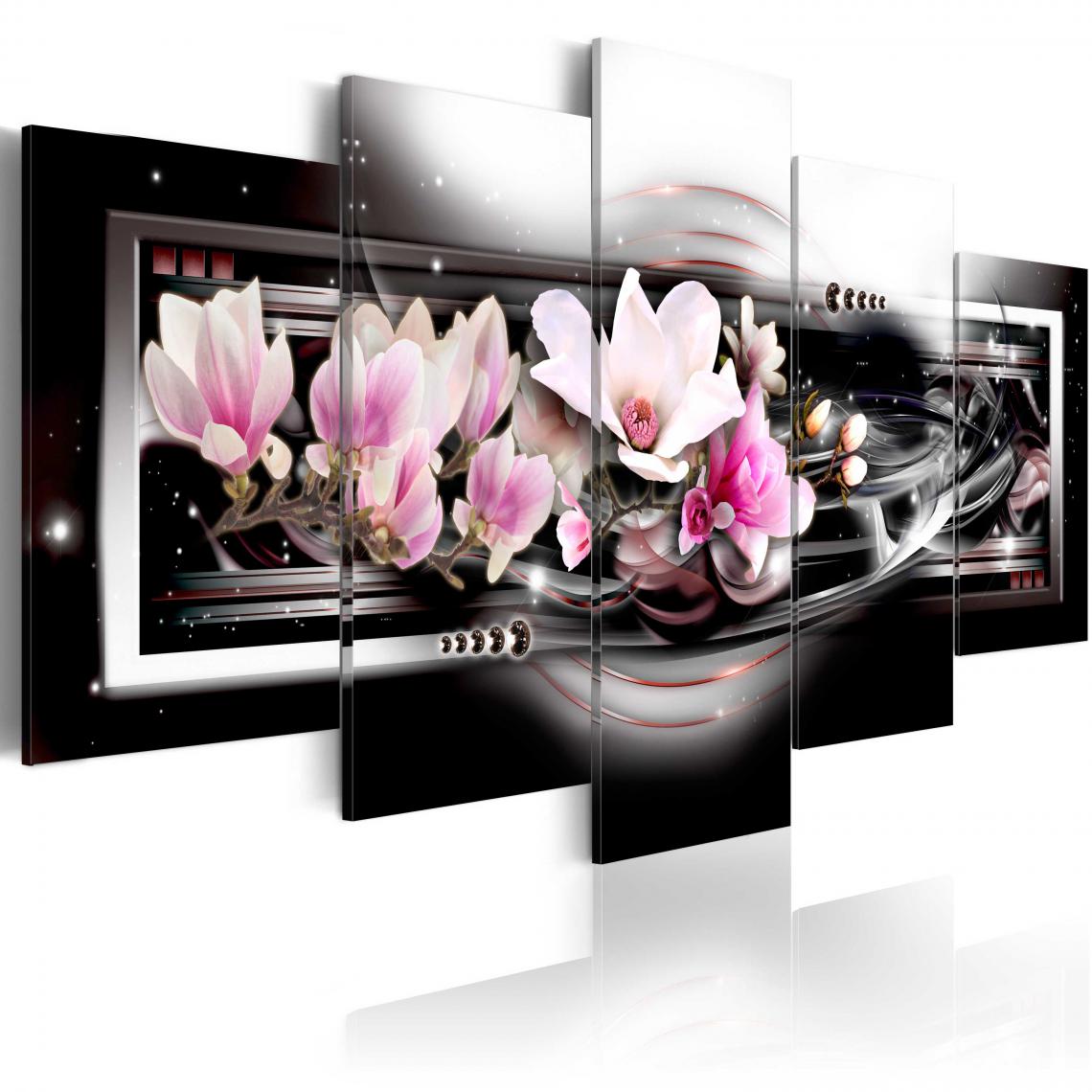 Decoshop26 - Tableau sur toile en 5 panneaux décoration murale image imprimée cadre en bois à suspendre Magnolias sur fond noir 100x50 cm 11_0005586 - Tableaux, peintures