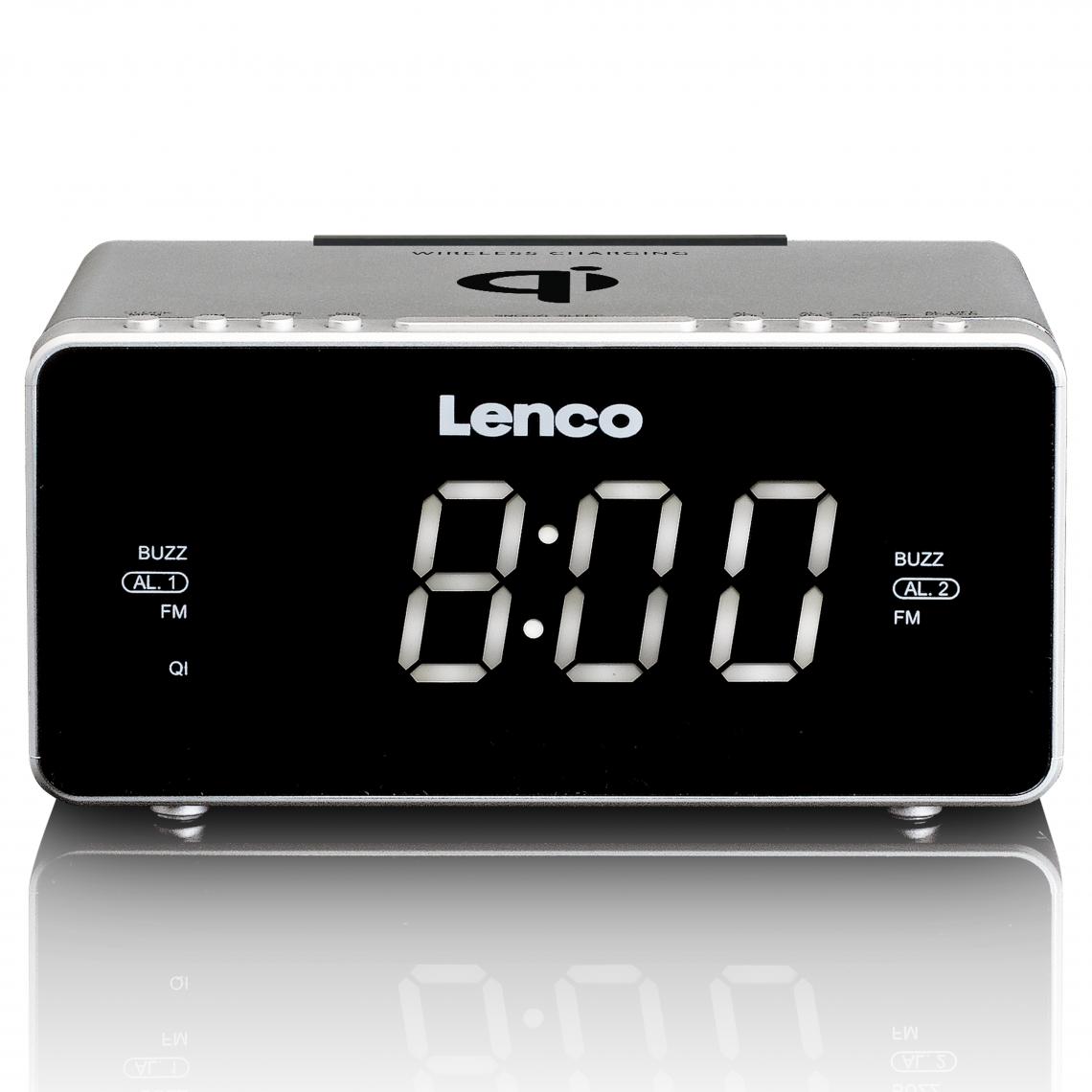 Lenco - Radio-réveil FM stéréo avec USB et chargeur de smartphone sans fil Qi CR-550SI Argent - Réveil