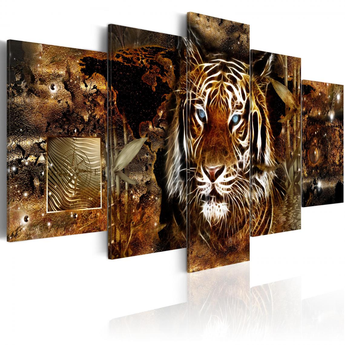 Decoshop26 - Tableau sur toile en 5 panneaux décoration murale image imprimée cadre en bois à suspendre Jungle dorée 100x50 cm 11_0002910 - Tableaux, peintures