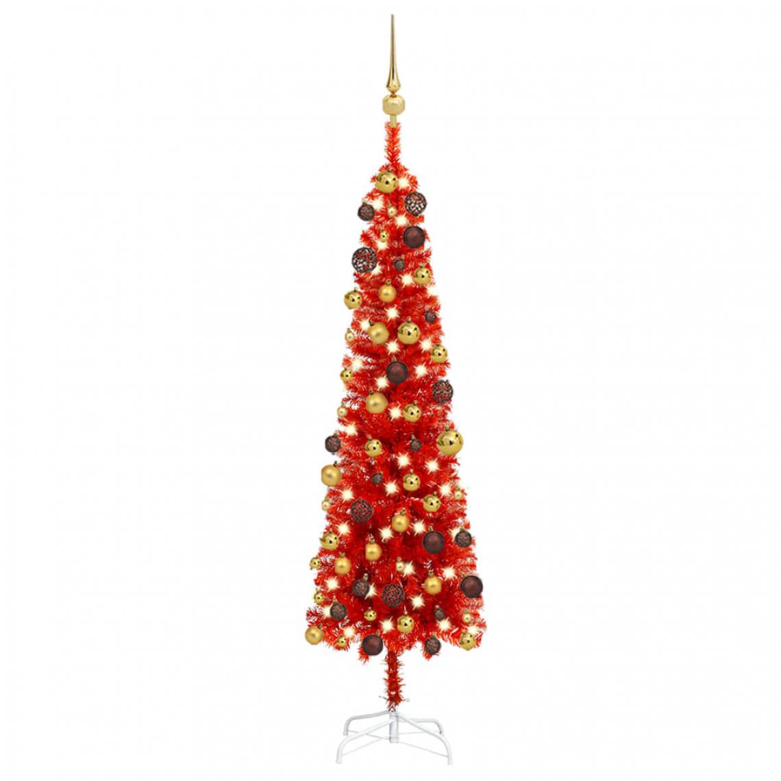 Wottes - Arbre de Noël mince avec LED et boules Rouge 120 cm - Sapin de Noël