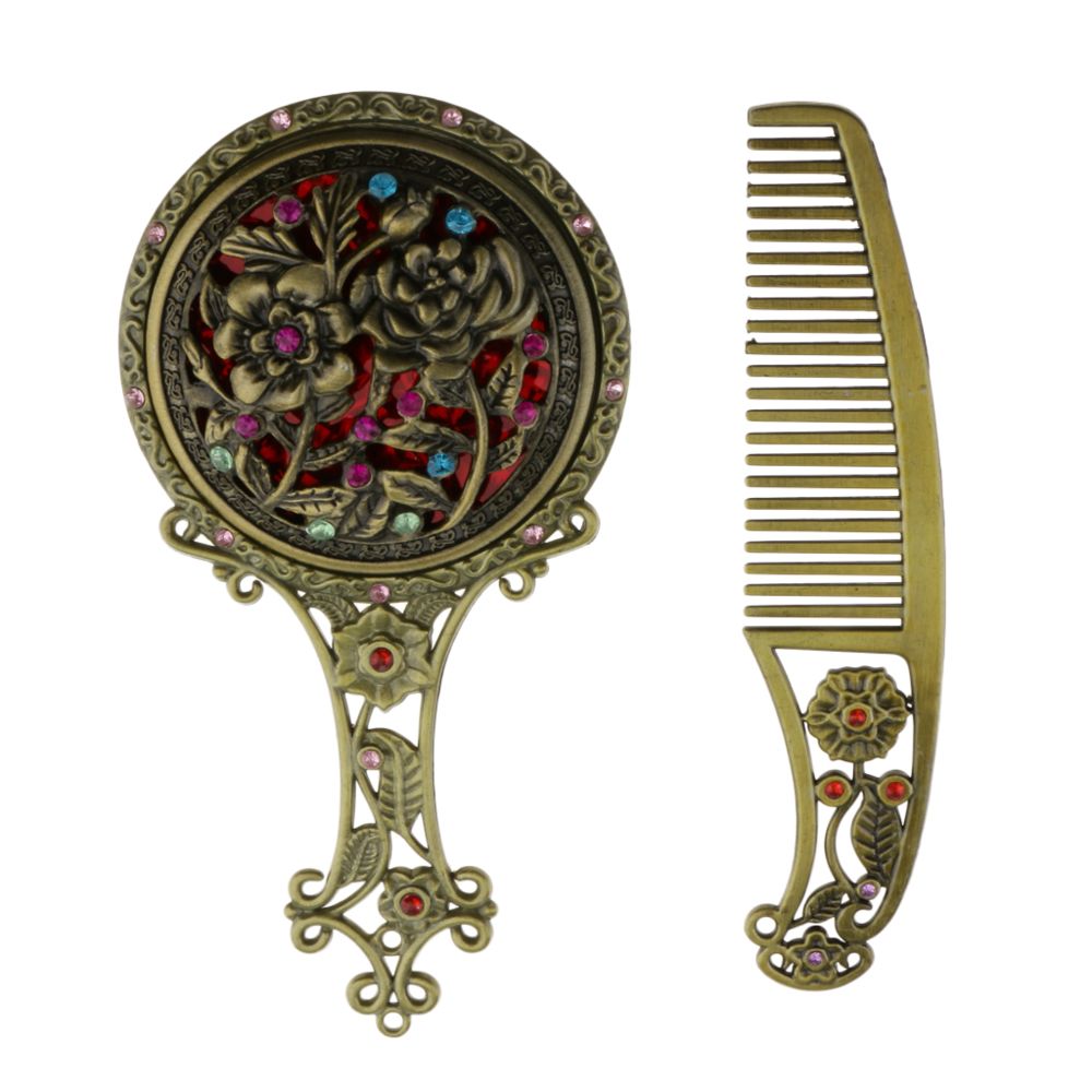 marque generique - strass antique plaqué maquillage creux main miroir peigne ensemble bronze rond - Miroirs