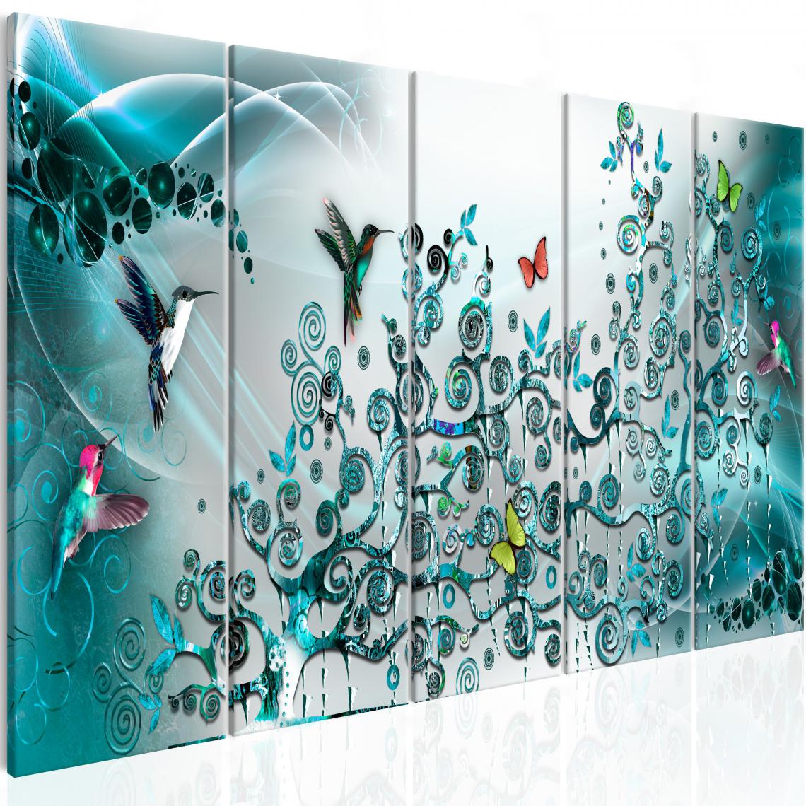 Decoshop26 - Tableau sur toile en 5 panneaux décoration murale image imprimée cadre en bois à suspendre Danse des colibris (5 parties) turquoise étroit 200x80 cm 11_0003135 - Tableaux, peintures