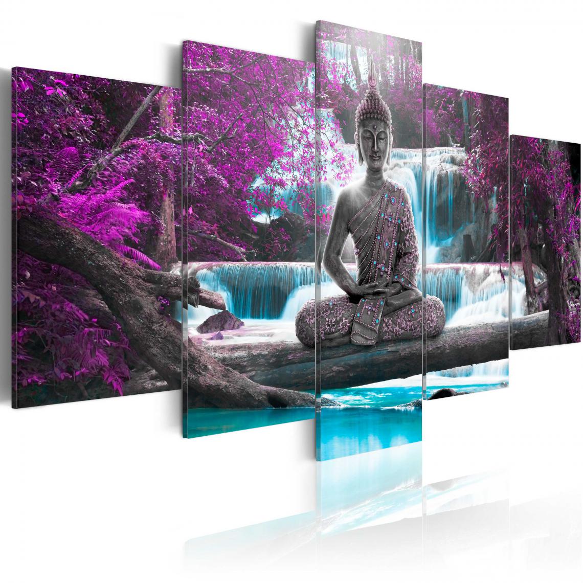 Decoshop26 - Tableau sur toile en 5 panneaux décoration murale image imprimée cadre en bois à suspendre Cascade et Bouddha 100x50 cm 11_0008978 - Tableaux, peintures